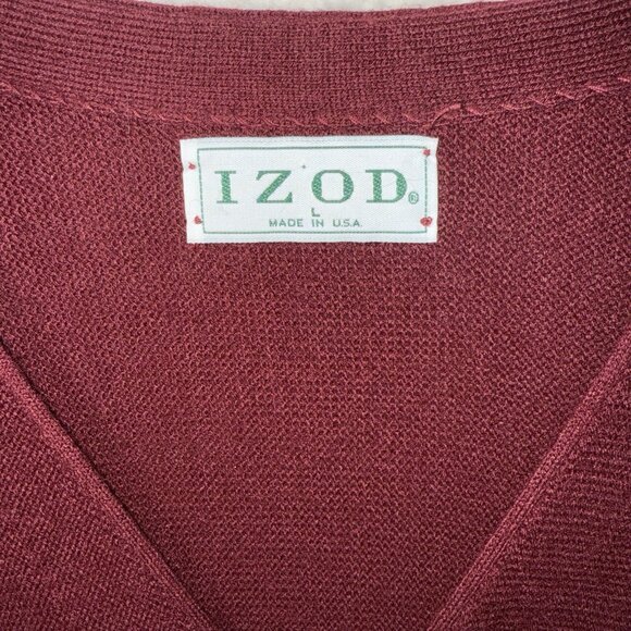 Vtg 90's Izod Cardigan Sweater Burgundy Red Large USA Made Crest Grandpa Acrylic - Picture 2 of 8